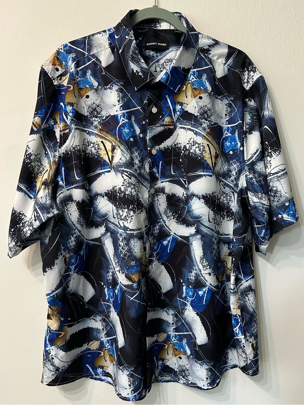 Barry Wang Abstract Splash Print Button-Up Shirt - Blue, Black, White, Gold